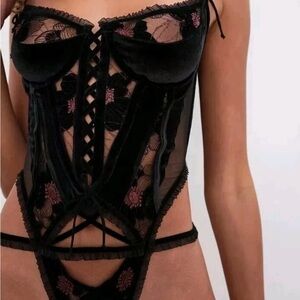 For Love and Lemons Margot Embroidered  Bodysuit Sheer Panel Velvet Trim XL